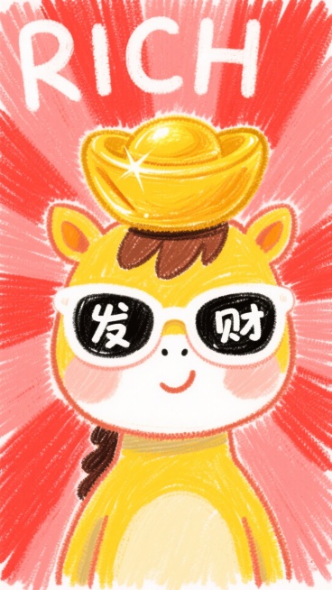 一只黄色描边的Q版卡通小马正面，头顶有个大大的金元宝，带着白色镜框的墨镜，镜片上分别写着"发"和"财"两个白色字。红色背景（带有放射线），上面”RICH“预览效果