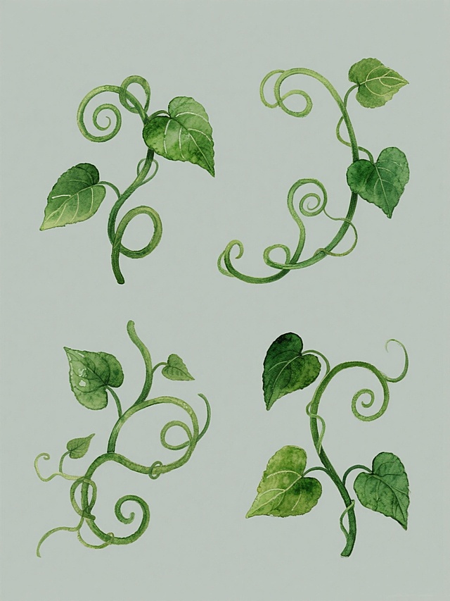 四个不同形态的藤蔓植物素材，每个藤蔓都有独特的卷曲方式和叶片分布，采用手绘水彩风格，藤蔓主体为饱满的绿色，带有自然的色彩渐变和水彩特有的透明晕染质感，叶片边缘有细腻的笔触纹理，藤蔓线条流畅且富有弹性，整体呈现出生机勃勃的自然美感，四个藤蔓素材在纯色背景上呈规整排布，无任何文字、logo和水印。