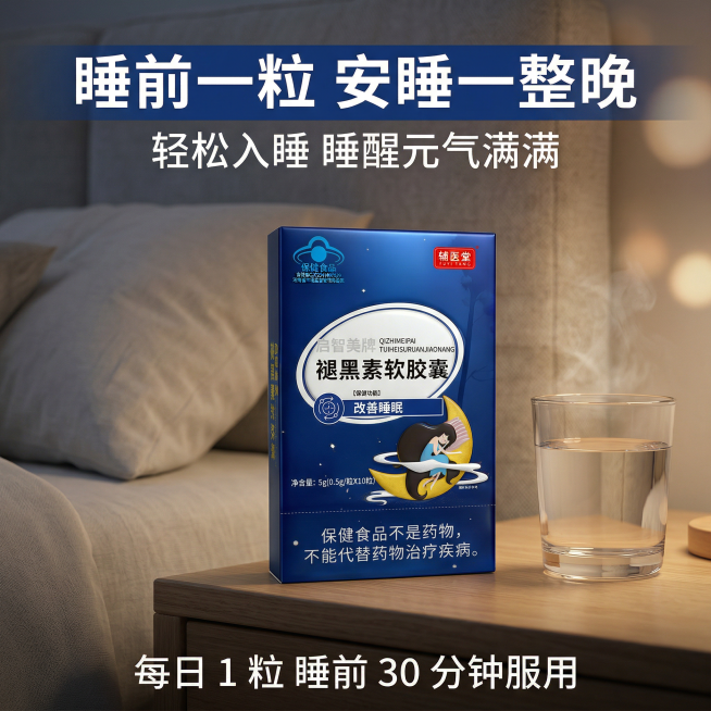 严格还原上传的辅医堂启智美牌褪黑素软胶囊产品图，包括包装设计、颜色、LOGO位置、文字内容、图案元素等所有细节；产品外观必须与参考图完全一致，不得改变包装设计、配色方案或品牌元素；保持产品的真实材质质预览效果