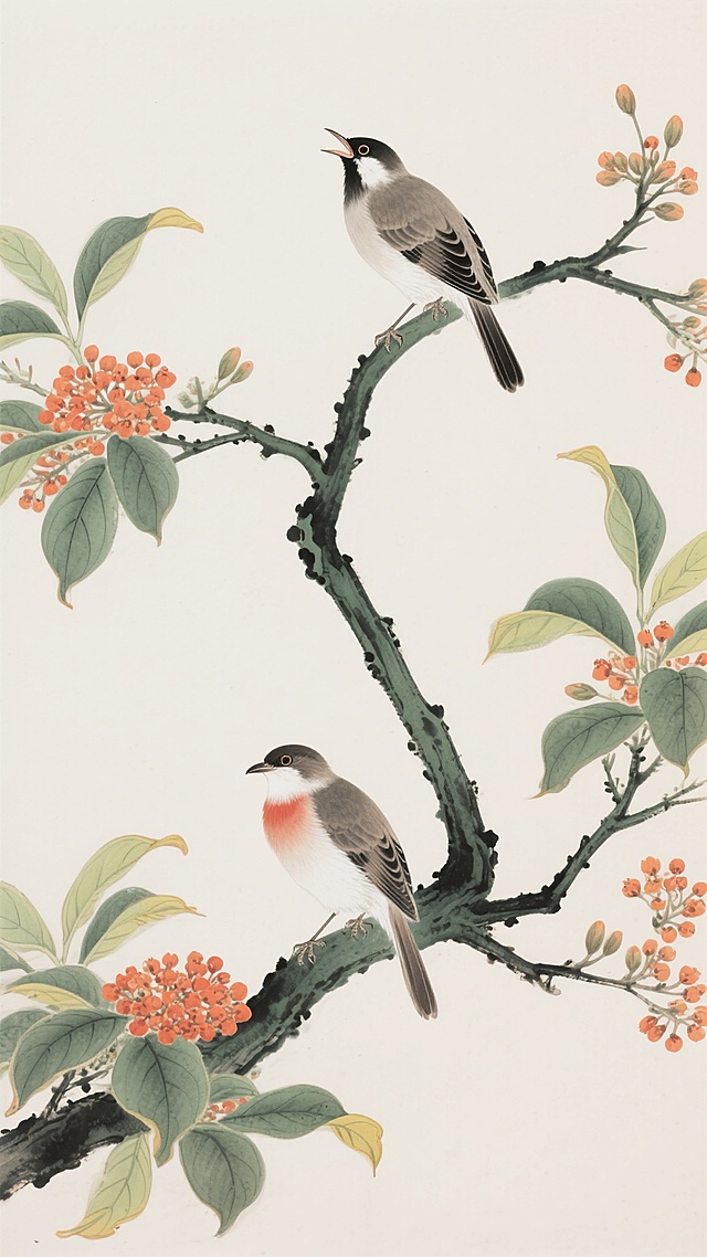 中国工笔画风格，画面主体为两只鸟栖息于枝头，一只位于画面下方枝干上，头部微低，羽毛呈灰褐色与白色渐变，胸腹有淡红色斑块；另一只立于上方斜生枝桠，昂首鸣叫，羽色与下方鸟相近。枝干为墨绿色，细长有节，延伸出多组叶片，叶片呈嫩绿色，边缘略带黄色晕染，叶脉清晰。枝头点缀橙红色簇状花朵，花瓣小巧密集，部分花朵含苞待放。整体构图采用“S”形布局，留白充足，营造空灵雅致氛围。线条细腻流畅，色彩淡雅和谐，以墨色勾勒轮廓，色彩层层晕染，展现传统国画的笔墨韵味与写实工致的特点。