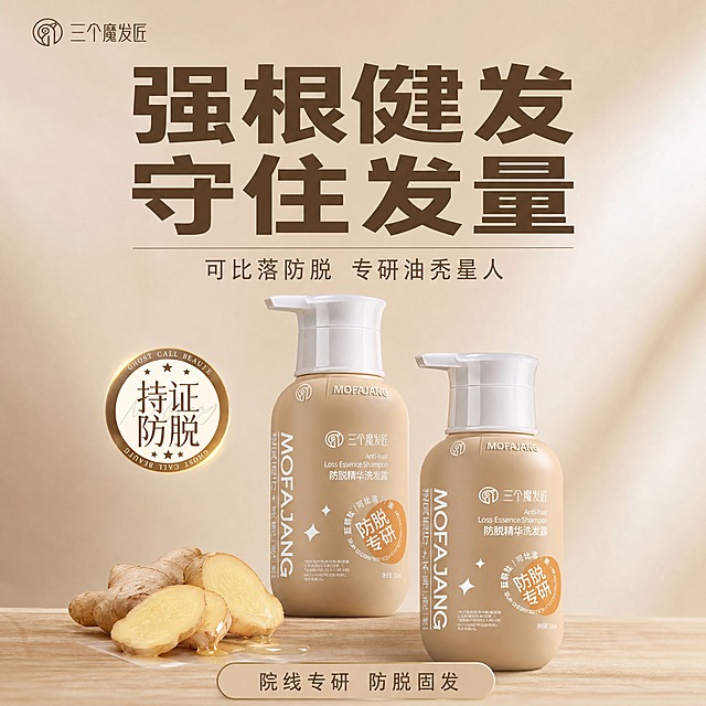 [主图-1] 首图品牌调性，简约高级风，主打「强根健发 守住发量」，干净大气不花哨。
[统一基调] 浅奶茶棕渐变背景，整体低饱和度暖棕色调，主标题用深棕色粗体非衬线字体，强调色用暖焦糖色，辅助文字用中棕色，极简高级商业摄影质感，柔和自然光，字体统一为现代非衬线体，画面留白充足不拥挤。
[画面] 画面采用上下构图，上半部分约55%为标题区，下半部分约45%为产品展示区。下半部分居中摆放两瓶防脱精华洗发乳，一高一低前后错落，正面微侧视角，瓶身外观保持原图奶米色瓶体+白色瓶盖+橙色圆形「防脱专研」标识的设计不变。产品放置在温润的浅木色台面上，左下角点缀2-3块新鲜生姜切片，有少量精华液自然流淌，简洁不杂乱。背景是浅奶茶色到米白色的柔和渐变，左上角有品牌Logo「三个魔发匠」，干净简洁。
[光影质感] 极简高级商业摄影质感，柔和的自然光从右侧45度照入，瓶身有柔和的高光带和自然的接触阴影，生姜和台面质感真实，整体光影干净通透，没有多余装饰。
[配色] 主背景浅奶茶棕渐变，产品奶米色，标题深棕色，强调色暖焦糖色，整体低饱和暖棕色调统一高级，色彩克制不花哨。
[文字版式] 上半部分大标题「强根健发 守住发量」，超大号深棕色粗体，字间距适中，简洁有力。标题下方一行小字副标题「可比落防脱 专研油秃星人」，中棕色细体。产品左侧有一个圆形金边徽章「持证防脱」，徽章设计简约精致。画面底部有一个浅棕色圆角横条，里面深棕色文字「院线专研 防脱固发」。文字排版疏朗，留白充足，不堆砌元素。
[输出要求] 1:1正方形比例，2K高清，文字清晰锐利，产品完整不切割，质感高级干净。禁止花哨装饰、杂乱元素、变形、错字、模糊、水印、平台Logo。