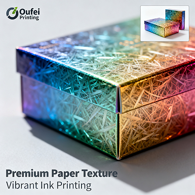 [主图 4] Material detail close-up of custom gift boxes. Remove all original Chinese text, BOSING PACKAGING logo and purple bottom text, replace with 'Oufei Printing' brand mark at top left. Keep all colorful packaging boxes' appearance (physical structure, material texture, color, pattern details) absolutely consistent with input product image, no deformation no chromatic aberration, refined processing. The main picture shows the macro close-up of the surface texture of the packaging box, the paper fiber and printing ink texture are clearly visible, the upper right corner is a small picture of the whole set of products, the background is pure light gray, the product accounts for 75% of the picture.
[Atmosphere style]: high-end texture industrial style, focus on material details, professional and credible.
[Image quality]: macro commercial photography texture, ultra-clear details, sharp picture.
[Light and shadow]: side backlight, highlight the paper texture, the light is soft and transparent, no overexposure.
[Color matching]: main color light gray background, auxiliary product original bright color, the texture is natural and real.
[Perspective composition]: macro close-up perspective, the texture part is the visual center, the depth of field is extremely shallow, the background is blurred.
[Text layout]: the lower left negative space is left aligned, two lines of English text, large bold text 'Premium Paper Texture' small auxiliary text 'Vibrant Ink Printing', the text does not block the product, the font color is dark gray, the contrast is strong.
[Proportional resolution]: 1:1 proportion, 2K resolution, super high-definition.
[Negative prompt]: deformation, watermark, text confusion, product blurred, messy background, Chinese characters, original BOSING PACKAGING logo, purple bottom text, overexposure.