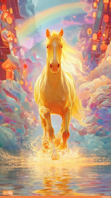 同一匹通体发光的黄金神马，位于画面中心，正朝着镜头方向奔跑。马身呈半透明的琥珀质感，肌肉线条清晰可见。
材质与光效：马身散发着炽热的金色光芒，马蹄踏在水面上，溅起液态黄金般的水花，水花在空中化为光点。预览效果