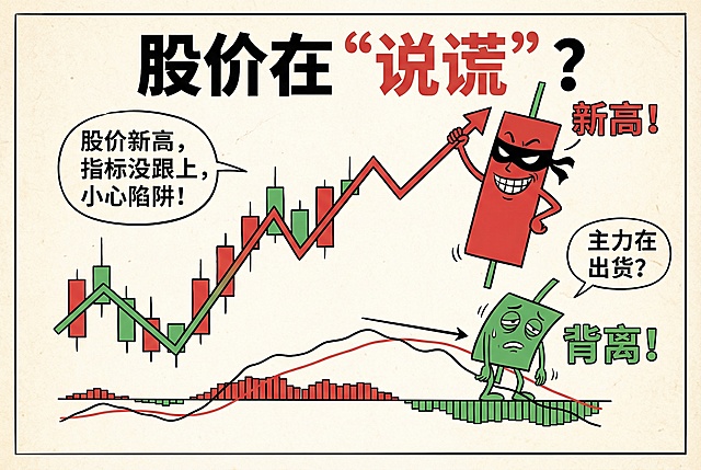 帮我生成股市中股价背离的漫画图，标题为：股价在“说谎”？，文字说明用中文，k线图使用中国股市风格，红色上涨、绿色下跌