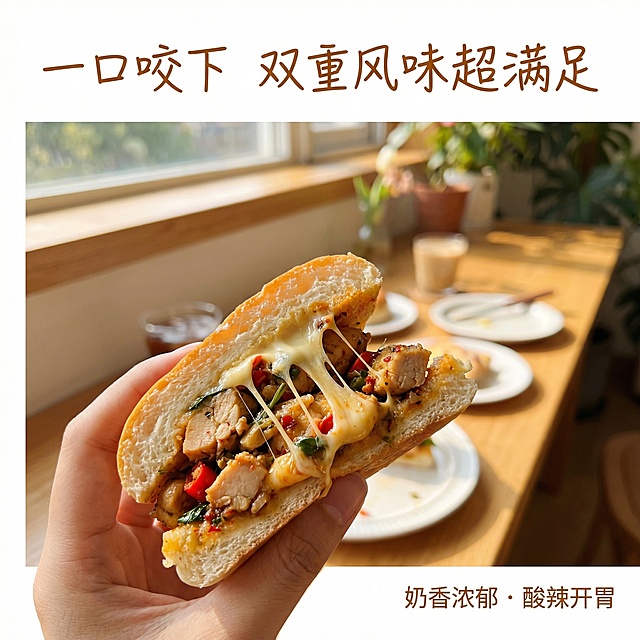[主图 4 口感风味展示] 展示泰式鸡肉堡咬开的拉丝瞬间，突出奶香浓郁酸辣开胃的口感特点。氛围风格：自然抓拍，充满生活感的轻松下午茶氛围，暖光增强食欲。画面元素：年轻人手拿着半个咬过的泰式鸡肉堡，拉丝芝士被拉长，拉丝状态自然真实，能看到内里颗粒分明的泰式鸡肉馅，背景是靠窗餐桌，有柔和自然光。配色色系：暖调自然色彩，食物颜色突出，背景浅色调柔和。视角构图：第一人称Vlog视角，抓拍动态瞬间，主体突出。文字版式：主标题 "一口咬下 双重风味超满足" 放在顶部，手写暖棕色字体，右下角小字标注 "奶香浓郁 · 酸辣开胃"，排版自然不遮挡主体。