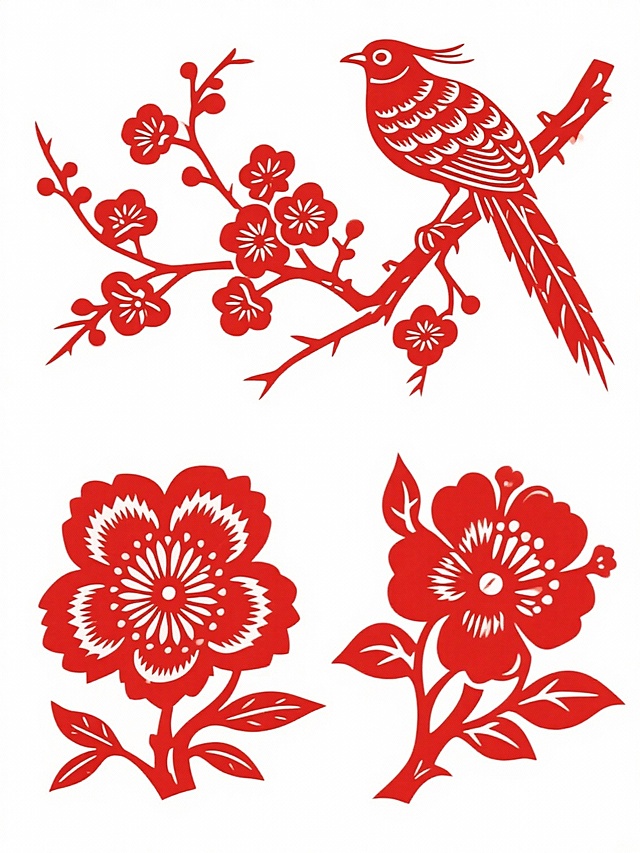 中国传统剪纸风格，一套4个规整排布的素材，纯红色剪纸图案与纯白色背景，高对比度，精细的镂空剪刻工艺，不同造型样式的传统剪纸花纹，枝头栖息的长尾鸟，绽放的梅花，鸟羽的鳞状纹理，花瓣的锯齿边缘，花蕊的放射状线条，纯红色元素，对称均衡的构图，浓郁的民俗艺术气息