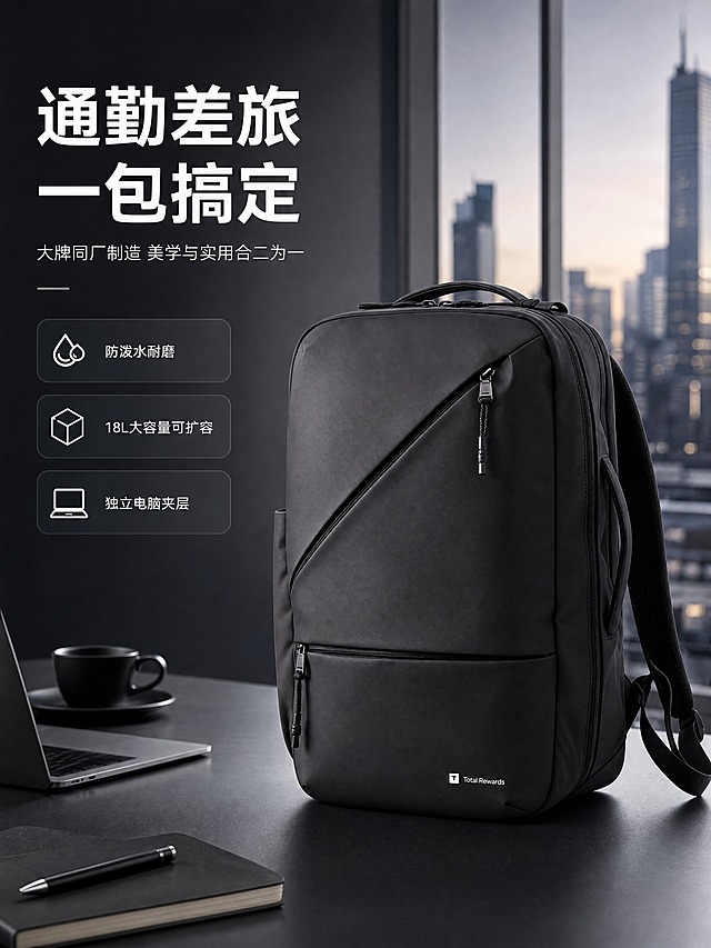 [商品] 使用【图1】黑色商务双肩背包；商品处理：保留背包整体结构、斜向拉链设计、正面下方Total Rewards白色Logo、侧袋、顶部提手、肩带、黑色织物料材质；自然理顺面料，增强拉链五金质感和面料细腻纹理，不改变版型、颜色和结构比例。
[画面] 目标：头图海报，建立高端商务通勤背包第一印象。构图：左文右图，产品占画面约60%，右侧背包微仰视45度角摆放，左侧留白放文案；前景为简约商务桌面一角（笔记本电脑、咖啡杯点缀），中景背包主体，后景虚化现代写字楼落地窗城市天际线；阅读动线从左上标题到右侧产品。
[视觉] 套系策略：风格=都市商务极简高级商业摄影；标题字=现代无衬线粗黑体；正文字=简洁无衬线黑体；主色=深炭黑；背景延展=基于深炭黑做深浅层级渐变、同色系灰调过渡和细腻哑光质感；强调色=银灰色，仅用于小面积图标、引线和标签；标题色=纯白色；正文色=浅灰色；组件=圆角深色信息卡、细银灰引线；光影=左前侧柔和冷白光，产品立体感强，背景逆光轮廓光。
[文字] 左上区域主标题「通勤差旅 一包搞定」，副标题「大牌同厂制造 美学与实用合二为一」，下方3个短卖点「防泼水耐磨」「18L大容量可扩容」「独立电脑夹层」；文字横排，不遮挡背包主体和Logo。
[规格] 图片比例3:4竖版，4K分辨率，负向提示：避免变形、错字、文字过小、颜色改变、版型失真、夸张透视、杂乱背景、极限词。