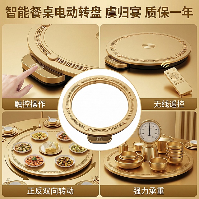 这张图片是产品主体这款产品是电动餐桌转芯 品牌名是虞归宴   充电宝是赠送品续航可达50小时   我需要设计20张主图在拼多多上面售卖 主图场景布局能用到的多场景元素布局显得高级一些  产品文案可以用：智能餐桌电动转盘  触控+遥控  双向转动  支持调速 称重800斤  通用电动转盘底座   家用 餐厅 适用各个种材质 质保一年  防滑稳固 加厚加宽