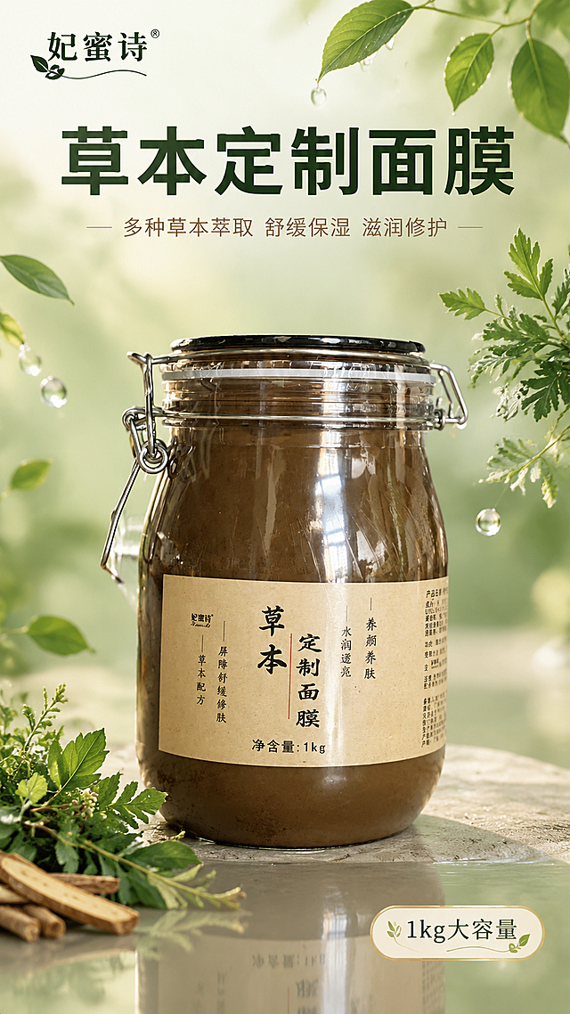 [主图-1] 首图品牌调性 草本植萃面膜抖音主图。突出植物草本天然纯净感，强视觉冲击，高清实拍质感。
[统一基调] 整体风格：天然植萃 东方草本 高级静物摄影。背景主色：温润草木绿渐变 + 米白柔光。标题字色：深墨绿主标题 + 浅棕辅助色。强调色：草木绿 + 暖金点缀。字体样式：干净非衬线体，粗体大标题，细体副标题。卡片/图标/边框：极简细线 + 圆角半透明卡片。
[画面] 产品罐居中偏下，占画面约55%，正面朝向镜头，完整展示妃蜜诗草本定制面膜玻璃罐外观，棕色膏体、金属卡扣、牛皮纸标签全部保留原样。背景为柔和的草木绿渐变柔光，上方飘散新鲜草本植物叶片（艾草、马齿苋、甘草叶等），有少量晶莹水珠悬浮，营造天然萃取氛围。左下角有几株真实草本植物小枝桠作为前景点缀，增加层次感。产品底部有柔和倒影和接触阴影，自然不悬浮。
[光影质感] 商业摄影质感，柔光箱布光，主光从左上方45度打下，玻璃罐有清晰高光反射，膏体呈现温润质感，阴影柔和自然。整体通透明亮，突出天然纯净。
[配色] 主色草木绿 + 米白 + 深棕，点缀暖金色，整体色调温润自然，符合草本植萃调性。
[文字版式] 左上角放品牌Logo「妃蜜诗」。画面上方大标题「草本定制面膜」，字号最大粗体深墨绿色。标题下方副标题「多种草本萃取 舒缓保湿 滋润修护」，字号缩小50%以上，浅棕色。右下角小卡片标注「1kg大容量」。文字放在负空间，不遮挡产品主体。
[输出要求] 比例9:16，文字清晰可读，产品清晰不变形，无错字，无杂乱元素，无水印，无平台Logo。负向：产品变形 标签错字 画面模糊 背景杂乱 水印 悬浮感过重