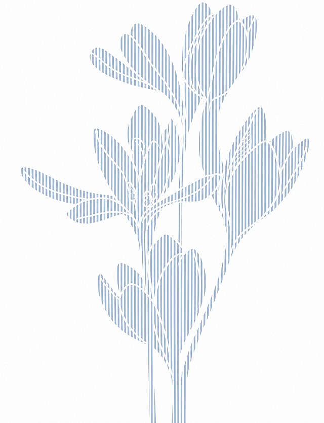 将图片一中的金色花朵图案替换为图片二中的浅蓝色，保持白色背景、竖条纹纹理、花朵造型和构图完全不变，仅改变花朵的颜色为浅蓝色