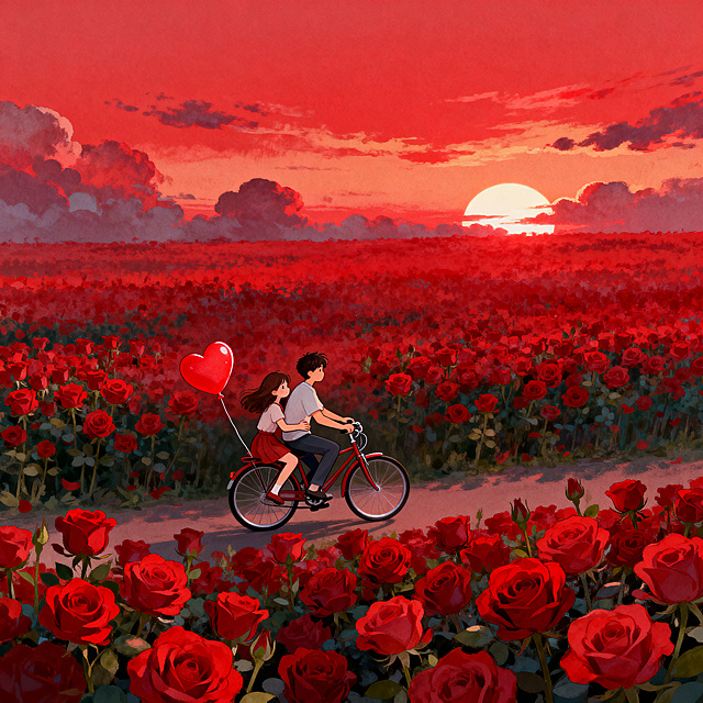 唯美可爱风格插画，整体红色调，红色渐变背景，画面主题是红色玫瑰花海，中下方有一对情侣正在骑自行车，女孩坐在后座搂抱男孩腰部，自行车后座绑着红色爱心气球，天空是夕阳渐变红色火烧云，云彩分布自然，太阳半隐藏在云里位于画面右上方，情侣占画面八分之一，高清晰，画风统一唯美可爱