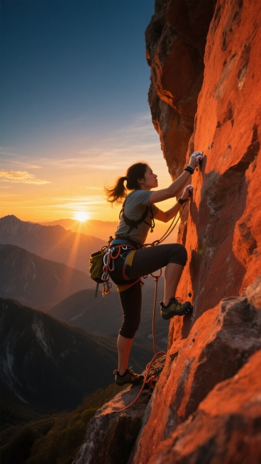 写实风格登山场景，一位身着专业登山装备的女性正奋力攀登陡峭的橙红色岩壁，她身体前倾，双手紧握岩点，右腿向上迈出，腰间安全绳与装备包清晰可见，背后是壮丽的日落景象，天空从深蓝渐变为橙黄，远处层峦叠嶂的山脉在夕阳下泛着金色光芒，阳光从人物侧后方照射，在岩壁上形成强烈的明暗对比和温暖的光晕，整体画面充满动感与力量感，展现出登山运动的挑战与自然的壮美。预览效果