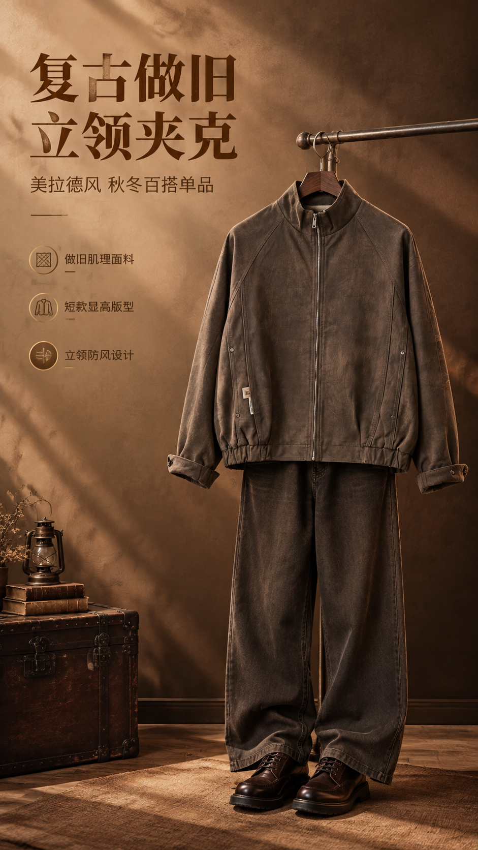 [商品] 使用【图1】深棕色复古做旧立领短款夹克；商品处理：保… - 图片创意预览