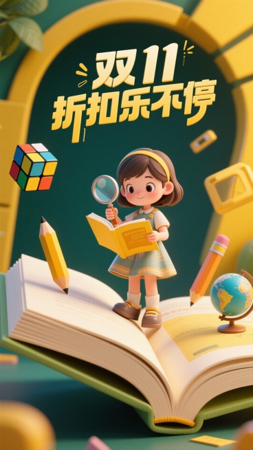 黄色和深绿色调。巨大的翻开书页上面有小女孩在上面拿着放大镜仔细阅读，点缀放大镜、魔方、铅笔、地球仪等元素，主标题“双11 折扣乐不停”预览效果