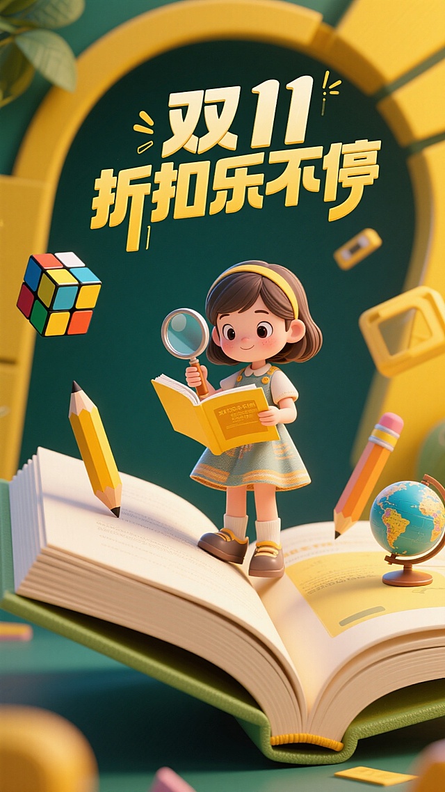 黄色和深绿色调。巨大的翻开书页上面有小女孩在上面拿着放大镜仔细阅读，点缀放大镜、魔方、铅笔、地球仪等元素，主标题“双11 折扣乐不停”