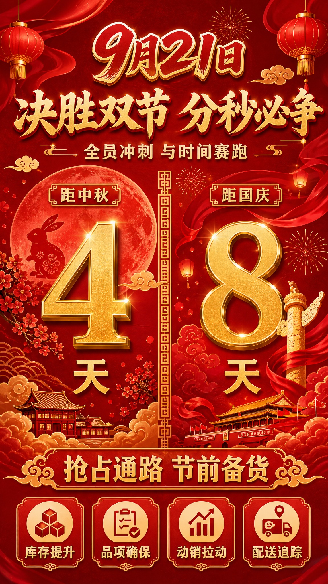 一张竖版双节备货倒计时提醒海报，整体统一红色主色调，喜庆大气，… - 图片创意预览