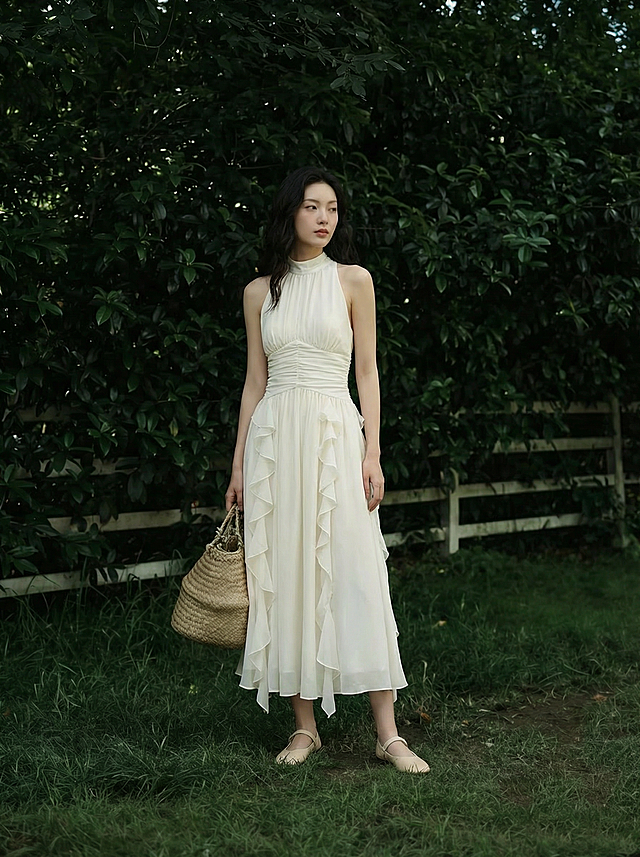 清新自然的庭院实景中，模特身着柔美垂坠的白色荷叶边长裙，搭配草编包与芭蕾鞋，呈现优雅文艺的面料风质感，传递春日柔和诗意。