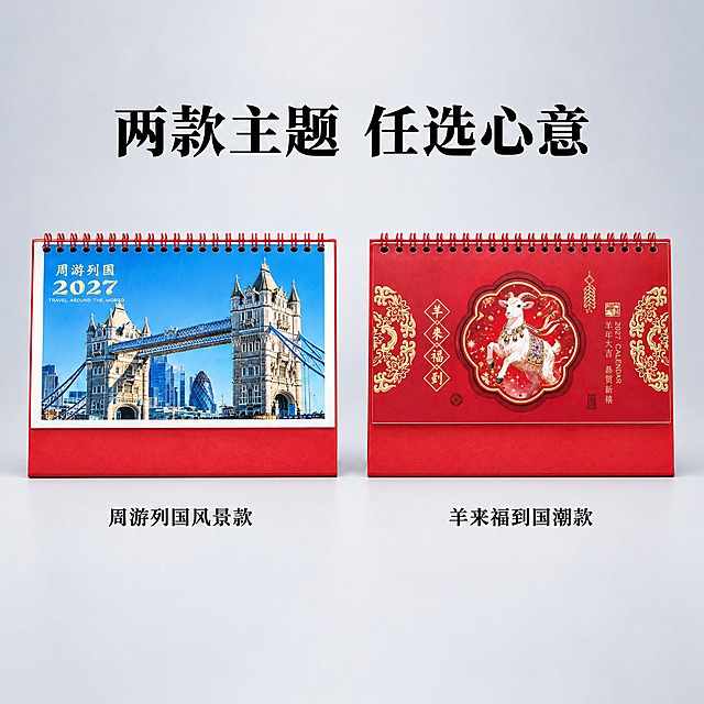 生成两款台历组合图。简约高级风格，浅灰色渐变背景，干净大气。两款台历横向并排摆放，正面视角，大小一致，间距均匀，整体居中。左边周游列国风景款，右边羊来福到国潮款，每款外观与参考图完全一致，不得改动。每款下方有黑色小字标注名称。画面顶部有黑色大标题"两款主题 任选心意"。商业摄影质感，正面柔光，底部有自然投影。1:1构图，2K分辨率，产品清晰完整，无变形错字，无水印无平台Logo。