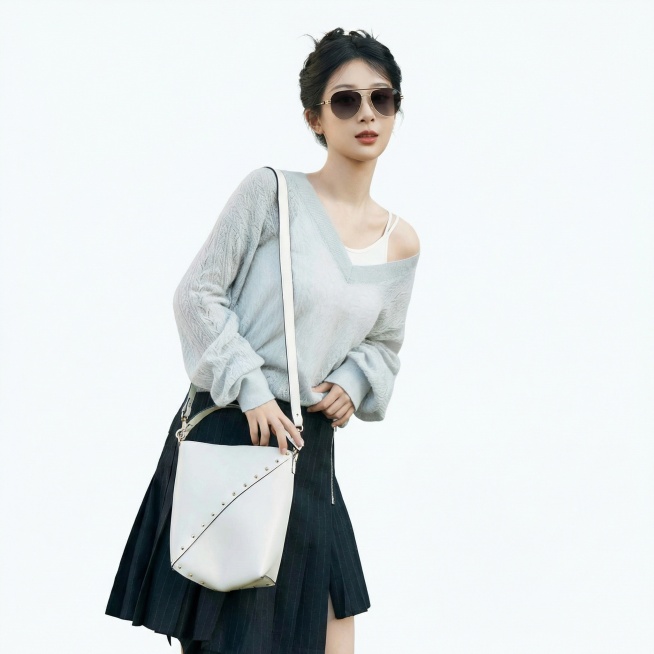 给模特戴上图中的金框渐变镜片墨镜，保留墨镜所有细节和镜片颜色、款式不变，背景改为纯白色，商业人像高清摄影风格预览效果