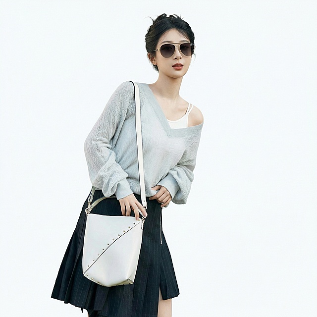 给模特戴上图中的金框渐变镜片墨镜，保留墨镜所有细节和镜片颜色、款式不变，背景改为纯白色，商业人像高清摄影风格