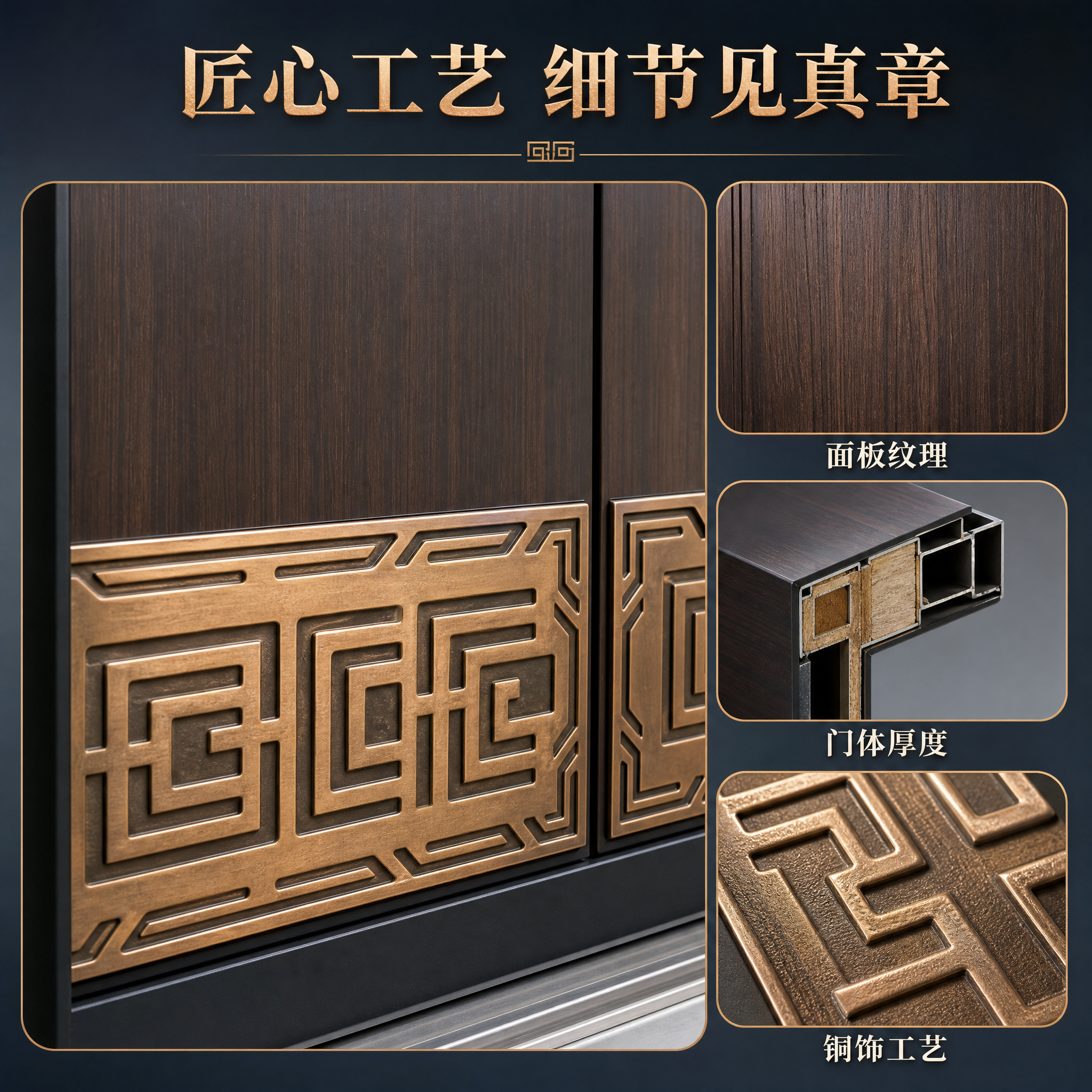 [主图-3] 新中式铜艺别墅大门材质工艺细节图，展示铜饰雕花、… - 图片创意预览