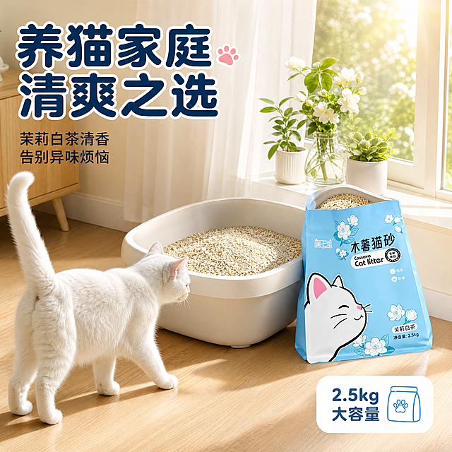 [主图-4] 使用场景图，主题为「居家养猫必备」，展示猫砂在真实家庭场景中的使用状态，营造生活氛围感。
[统一基调] 抖音电商宠物用品主图，1:1比例，整体风格清新治愈、干净明亮，主背景为浅天蓝色渐变，辅助色为茉莉白、薄荷绿，强调色为浅粉色，卡片为白色圆角矩形，图标为圆润线性风格，标题字体为圆润可爱的粗圆体，说明文字为简洁无衬线体，字号层级分明，全套视觉统一。
[画面] 画面为温馨的居家阳台角落场景，阳光从侧面洒入。画面中景是一个浅色简约猫砂盆，里面装满了木薯猫砂，猫砂盆旁边放着一袋开封的美七宠木薯猫砂，包装袋倾斜放置，袋口敞开露出里面的颗粒，产品包装清晰可辨。猫砂盆前方有一只可爱的白色猫咪正走向猫砂盆，尾巴翘起，姿态轻松自然。背景是浅色木地板和白色纱帘，窗台上放着几盆小型绿植和白色茉莉花，整体环境干净整洁、充满生活气息。画面右上角有柔和的阳光光晕效果。
[光影质感] 午后自然窗光，光线从右侧窗户照入，在地板上形成柔和的光影，猫砂盆和包装袋有自然的投影，猫咪毛发被阳光照得蓬松有光泽，整体氛围温暖治愈，真实居家摄影质感。
[配色] 场景主色调为温馨的米白和浅木色，搭配浅天蓝色产品包装，白色茉莉花和绿色植物作为点缀，整体色调清新温暖，与整套主图的蓝白主色系协调统一，不出现独立的配色体系。
[文字版式] 画面左上角大标题「养猫家庭 清爽之选」，圆润粗圆体，深海军蓝色，带轻微白色描边确保在场景背景上清晰可读。标题下方两行小字「茉莉白茶清香 告别异味烦恼」。画面右下角放一个白色圆角小卡片，写「2.5kg 大容量」，旁边有小图标。文字放在画面负空间，不遮挡猫咪和产品主体。
[输出要求] 1:1正方形，2K高清，产品包装外观与输入图完全一致，猫咪形态自然可爱，场景真实有生活感，文字清晰可读，禁止变形、错字、模糊、猫咪面部扭曲、水印、平台Logo、过度夸张的广告感。