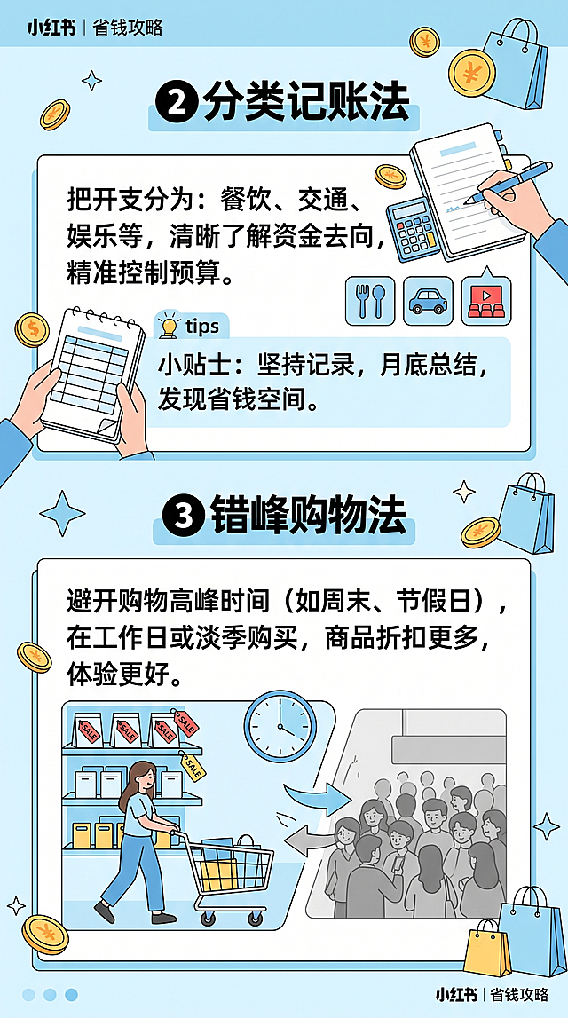小红书竖版配图，和前两张保持浅蓝白色系统一，内容是第二第三省钱技巧讲解，排版清晰分块，上方标题“❷❷ 分类记账法”下方是文字和小贴士，再往下是标题“❸ 错峰购物法”配文字说明，图文结合规整，适合手机竖屏阅读，风格统一连贯