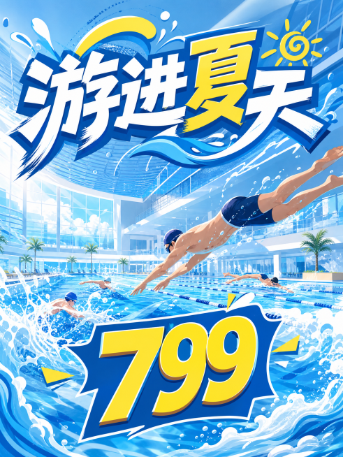浅蓝色调创意动画风格室内游泳馆宣传海报，充满动感和强烈视觉冲击力，标注价格799，包含醒目标题文案"游进夏天"，清爽活泼夏日推广设计预览效果