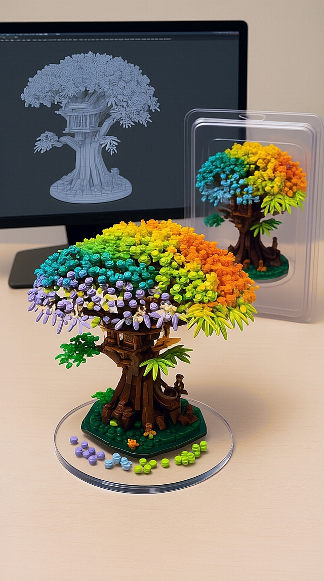 梦幻3D微缩树屋，彩虹色树叶交织，展现童话般创意设计。