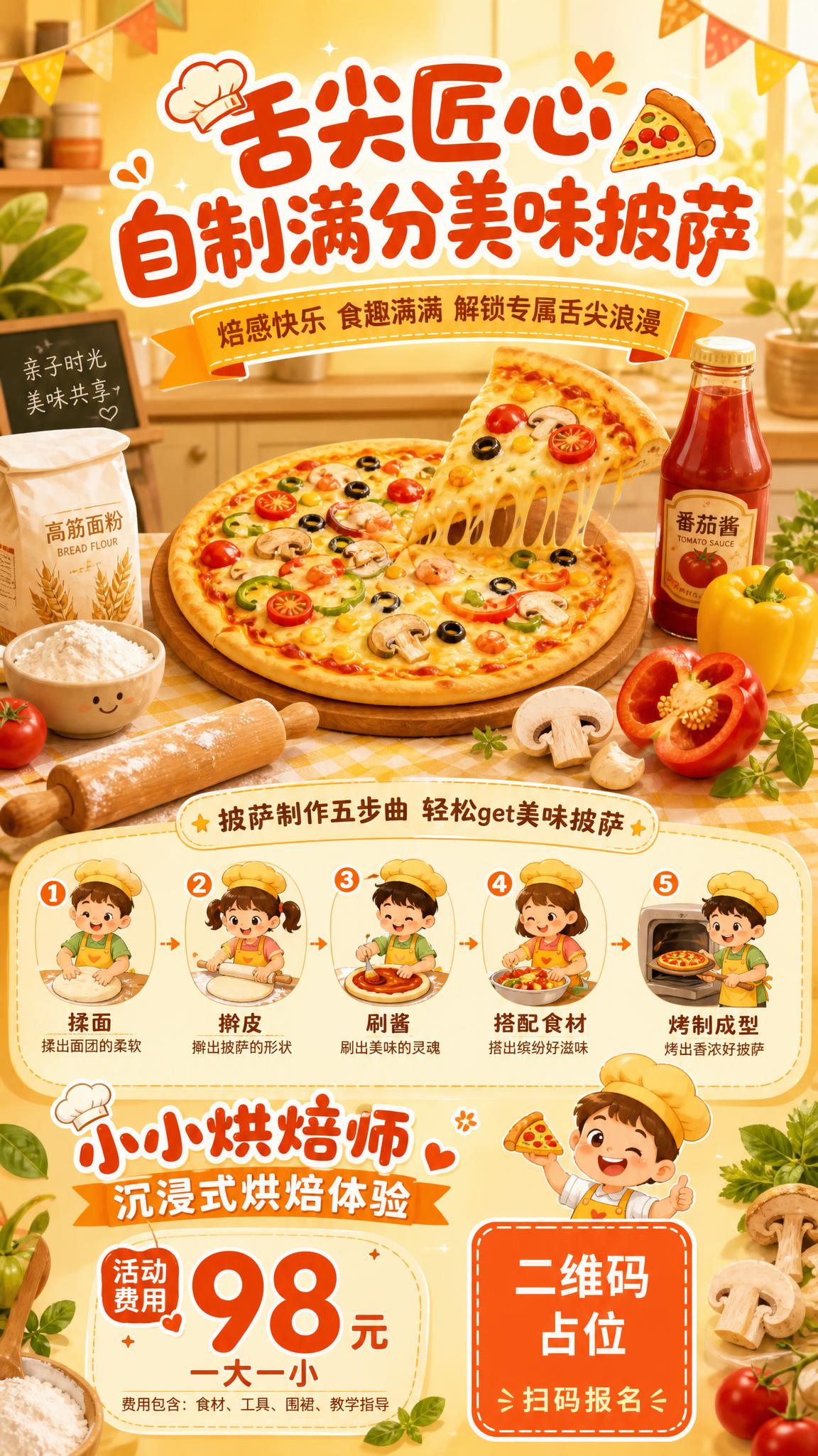 儿童披萨DIY烘焙活动宣传海报，竖版9:16，温馨童趣风格，暖… - 图片创意预览