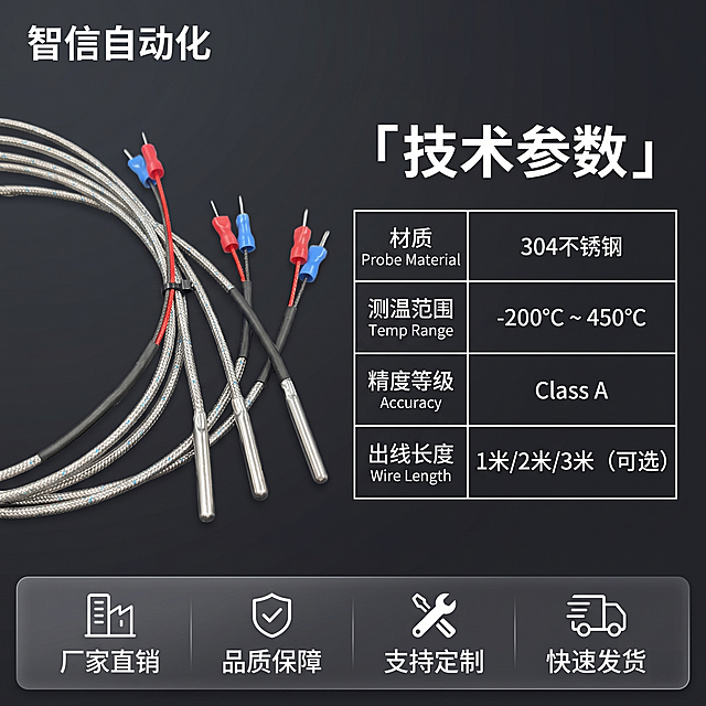 [主图 5] 探针式热电偶产品参数与服务承诺，收尾转化主图。
[氛围风格] 专业严谨，清晰易读
[画质] 商业清晰画质，文字锐利，超高清
[元素] 探针式热电偶产品斜放于左半侧，保持产品外观、材质和颜色与原图一致，右半侧放置技术参数表格，底部放置服务承诺条。左上角保留"智信自动化"logo。产品占比约40%，参数表占比约50%，整体协调不拥挤。画面满铺无边框，深灰工业背景。
[光影] 均匀布光，产品和文字都清晰明亮，层次分明，无死黑阴影。
[配色] 深灰背景，产品金属原色，表格极细白线，文字白色，清晰易读对比度高。
[视角构图] 左产品右参数平衡构图，整体稳定干净。
[文字版式] 标题「技术参数」放在参数表上方，粗体白色。使用极细线框表格罗列核心参数：材质/测温范围/精度等级/出线长度，整齐排列文字清晰。底部半透明悬浮条（两端留空）横向排列服务卖点：厂家直销 品质保障 支持定制 快速发货，图标加文字说明，白色清晰不突兀。
[比例分辨率] 1:1 比例，2048x2048像素，2k分辨率，文字清晰锐利。
[负向提示词] 变形，文字模糊，表格错乱，遮挡主体，背景杂乱