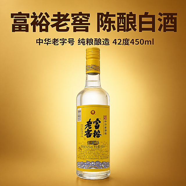 电商主图，1:1正方形，美团淘宝闪购风格，主体是富裕老窖白酒黄标透明瓶装，中华老字号，42度450ml，背景为金黄色渐变带暖光效果，醇厚大气，画面上方大字标题"富裕老窖 陈酿白酒"，下方卖点文字"中华老字号 纯粮酿造 42度450ml"，商品居中突出，瓶身通透，高清商业摄影风格
