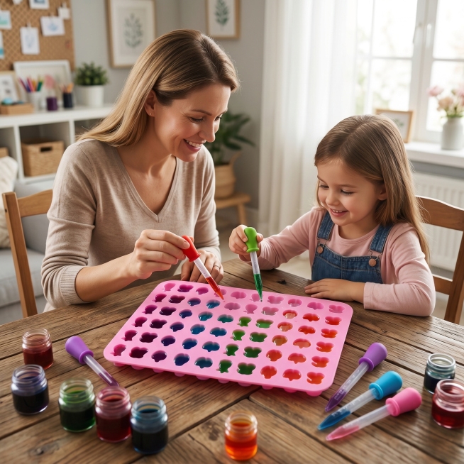 远景拍摄，桌面上摆放着粉色的软硅胶模具，模具各个凹槽里被不同颜色的透明液体填满。欧美面孔母女两人坐在桌前，母亲和女儿手里都拿着彩色滴管（滴管硅胶头分别是红色绿色紫色蓝色粉色，管身透明带刻度），正往模具预览效果