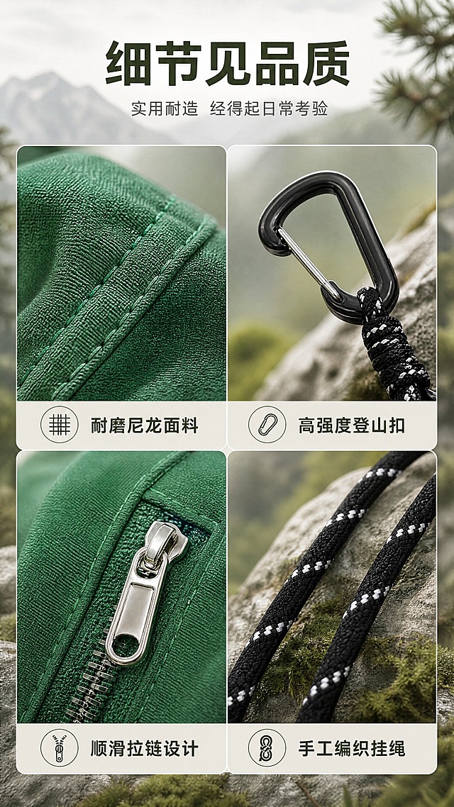[商品] 使用【图1】绿色迷你渔夫帽挂包；商品处理：保留渔夫帽造型、侧边拉链仓、银色拉链头、黑色登山扣、黑白点纹编织挂绳、米色小吊牌、绿色尼龙面料和整体比例；增强面料纹理、缝线、五金高光、编织绳纹理和拉链金属质感，不改变结构和颜色。
[画面] 目标：工艺细节展示页，2×2宫格展示四处细节。构图：四宫格布局，左上=面料微距（绿色尼龙织纹+缝线细节），右上=五金登山扣（黑色扣具金属转轴高光），左下=拉链开合（银色拉链头+齿轨顺滑感），右下=编织挂绳（黑白点纹编织纹理特写）；每格配小标题。前中后景：每个宫格内有独立的浅景深背景，整体统一在暖灰绿调中；宫格间有细白线分隔。
[视觉] 套系策略：风格=山系户外松弛商业摄影；标题字=现代无衬线粗体（思源黑体Heavy）；正文字=简洁无衬线体（思源黑体Regular）；主色=森林深绿；背景延展=基于森林深绿做深浅层级、山野雾霭渐变、岩石灰与苔藓绿点缀；强调色=暖米白，仅用于小面积图标、引线和标签底衬；标题色=深墨绿；正文色=中暖灰；组件=细线引线、圆角浅底信息卡、线性图标；光影=左前侧自然柔光，模拟山间清晨漫射光，产品底部有自然接触阴影。
[文字] 顶部居中：主标题"细节见品质"（大字号深墨绿），副标题"实用耐造 经得起日常考验"（中字号中暖灰）；四宫格每格底部有小字标签：「耐磨尼龙面料」「高强度登山扣」「顺滑拉链设计」「手工编织挂绳」。文字清晰不遮挡细节主体。
[规格] 图片比例9:16竖版，4K，负向提示：避免变形、错字、文字过小、冷蓝背景、产品颜色改变、结构失真、白底、平台Logo、水印。