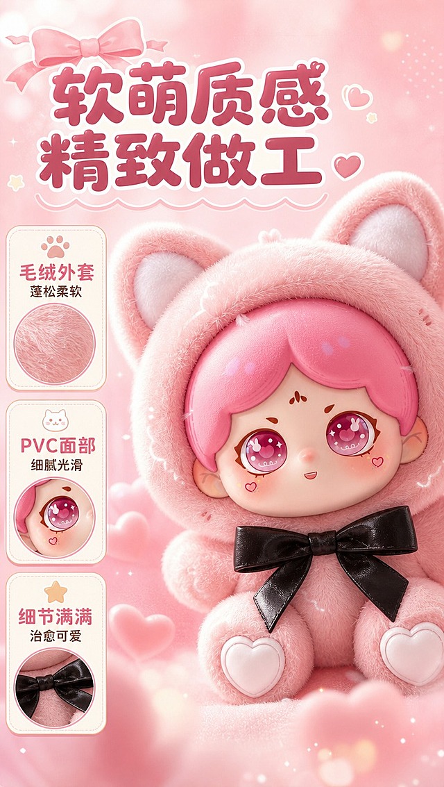 [商品] 使用【图1】唐小主萌宠系列盲盒粉糯奶猫款正面形象；保留粉色毛绒头套、猫耳朵造型、黑色蝴蝶结、粉色头发、大眼睛、爱心腮红等所有细节；保留毛绒质感和PVC面部的材质对比；商品处理：放大角色主体，突出材质细节，增强毛绒的蓬松柔软质感和面部的光滑透亮感。
[画面] 页面目标：细节质感展示，突出毛绒PVC材质的精致做工和软萌手感。构图：角色大特写占据画面中央，占画面约65%；左侧或右侧放文字说明；周围点缀材质小图标。前中后景：前景有柔和光晕和爱心光斑，中景是角色大特写，背景是模糊的粉色渐变+柔和纹理。整体氛围突出精致质感和治愈感。
[视觉] 套系策略：风格=软萌可爱少女风商业插画感详情页；标题字=圆润粗黑体，圆角可爱；正文字=圆角无衬线体；主色=樱花粉；背景延展=基于樱花粉做深浅渐变、波点纹理、柔和光晕，搭配奶油白和浅粉色层次；强调色=奶白色+浅棕色，仅用于小面积图标、标签和装饰元素；标题色=深粉色；正文色=暖棕色；组件=圆角信息卡、波浪边装饰、爱心/星星小图标、丝带元素；光影=柔和侧光突出毛绒质感，面部有明亮眼神光，整体温暖柔和。
[文字] 上方主标题"软萌质感 精致做工"（8字）；旁边放3个圆角卖点卡："毛绒外套 蓬松柔软"、"PVC面部 细腻光滑"、"细节满满 治愈可爱"；文字区位于画面一侧，不遮挡角色面部。
[规格] 图片比例9:16竖版，4K分辨率，抖音/快手适配，避免变形、错字、文字过小、材质质感丢失、角色造型改变、冷色调。