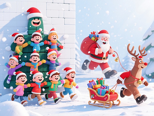 带着圣诞帽的小孩搭建成圣诞树人墙看着旁边麋鹿拖着车子在雪地跑，圣诞老人在后面追。