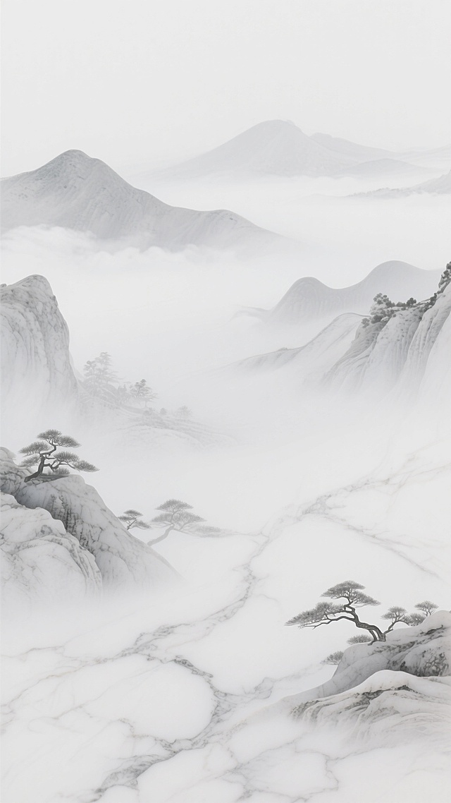 一张以纯净的白色为基底，带有自然流畅、细腻柔和的浅灰色大理石纹理的背景图，这些纹理巧妙地融合了中国传统山水风光的意象，仿佛远山含黛、云雾缭绕，呈现出淡雅、空灵、禅意的东方美学氛围，整体风格简约、高雅，具有天然石材的质感和纹理变化。