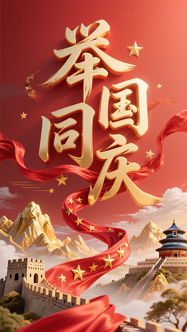 红色背景。主标题笔触飘逸的金色艺术字“举国同庆”，一条突出的动态感强的红色绸布（表面凸显金色星星）贯穿缠绕文字，金色山脉、长城、天坛穿插其在文字周围。
