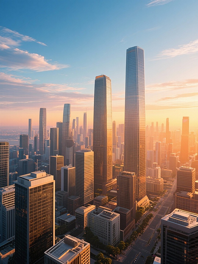 镜头画面：城市金融区广阔的天际线在黎明或黄昏的光线下。
    运镜方式：镜头从一个高点开始，稳定而开阔地向上拉升，展现全景。