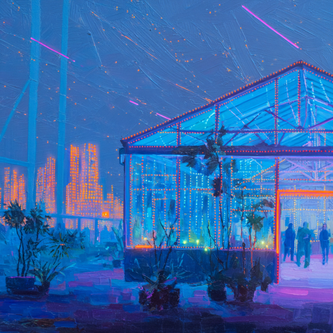 一幅布面油画，室外视角，明艳的荧光颜料厚涂，色彩颗粒，多巴胺色系，明亮的色调，美国画家马克·罗斯科（Mark Rothko)，这是一幅以蓝色为主色调，复杂的光影，细致的描绘，神秘感，配以霓虹红色点缀的预览效果