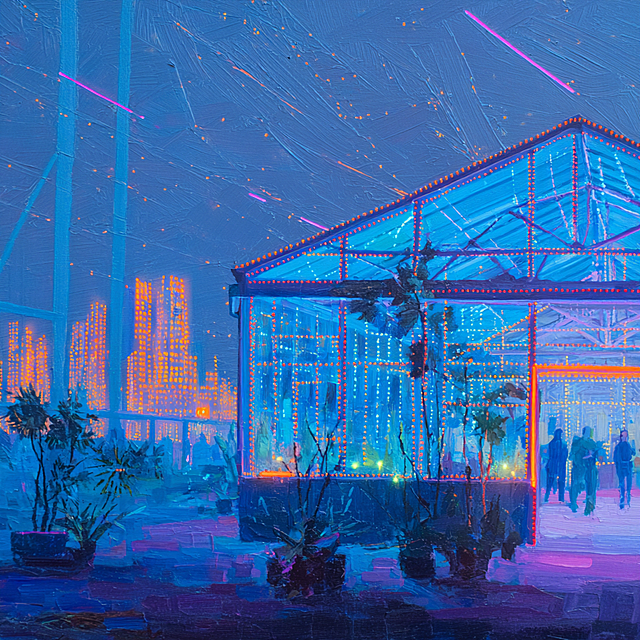 一幅布面油画，室外视角，明艳的荧光颜料厚涂，色彩颗粒，多巴胺色系，明亮的色调，美国画家马克·罗斯科（Mark Rothko)，这是一幅以蓝色为主色调，复杂的光影，细致的描绘，神秘感，配以霓虹红色点缀的人物轮廓的油画，一座钢架结构的玻璃温室里模糊的人影与高大的热带植物，室内明亮的粉紫色灯管与荧光绿、红、蓝、橘色、黄、粉红和白色的装饰小彩灯，远处是城市的高楼大厦霓虹闪烁，月亮、流星、星汉灿烂，磨砂玻璃，霓虹渐变，背景为电线图案，风格简约，线条简洁干净。马克·罗斯科（Mark Rothko)。