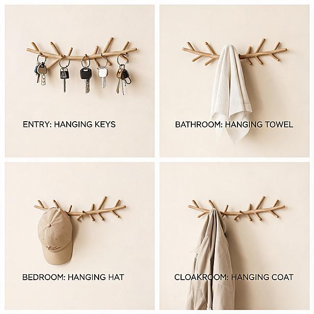 [Main Image 5] Multi-scenario adaptation display of drill-free branch integrated hook. [Atmosphere Style] Natural life-style scene display, native warm. [Image Quality] Commercial photography texture, soft light, clear picture, real natural. [Elements] Four grid layout, each grid shows a different use scene: upper left for entrance wall hanging keys, upper right for bathroom wall hanging towels, lower left for bedroom wall hanging hats, lower right for cloakroom wall hanging coats. The hook in each scene uses the same product as the input picture, the style is unified, and the overall picture is consistent in light. Background are light solid wall, simple and not messy. [Lighting] Each scene uses soft natural indoor light, uniform light, consistent light direction. [Color Matching] The overall main color is light beige and white, with the product color embellishment, fresh and comfortable. [Perspective Composition] 2x2 equal-division grid layout, each scene is front flat view. [Text Layout] Below each grid is a small text description of the scene, all English, small font, do not affect the product display. [Proportion Resolution] 1:1 proportion, 2K resolution. [Negative Prompt] Deformed text disordered product image blurred background messy watermark e-commerce platform Logo