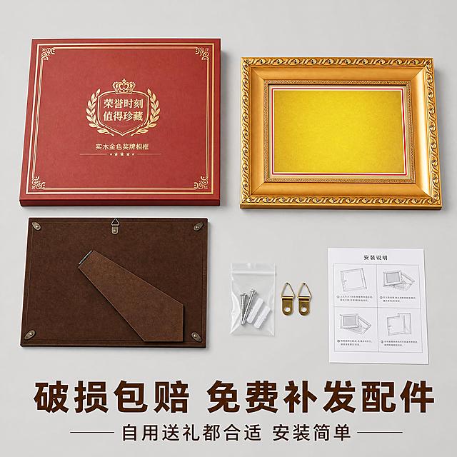[主图-5] 规格与服务信息-实木金色奖牌相框。[氛围风格] 干净安心信任感。[画质] 商业摄影质感、光线柔和通透、产品清晰真实、画面干净高级。[元素] 展示完整产品包装和配件，包含相框本身、包装礼盒、安装挂钩配件，整齐摆放在浅灰背景上。保持产品外观与输入产品图一致，细节清晰。[光影] 均匀柔和影棚光线，清晰展示所有配件。[配色] 金色产品搭配浅灰背景，干净整洁。[视角构图] 平俯视视角，所有配件平铺展示，布局整齐。[文字版式] 底部文字分两行：主文字加粗写"破损包赔 免费补发配件"，辅助文字写"自用送礼都合适 安装简单"。文字清晰，不遮挡产品主体。[比例分辨率] 1:1 比例，4k 分辨率，文字清晰锐利，画面超高清。[负向提示词] 变形，水印，文字错乱，产品图模糊，背景杂乱。