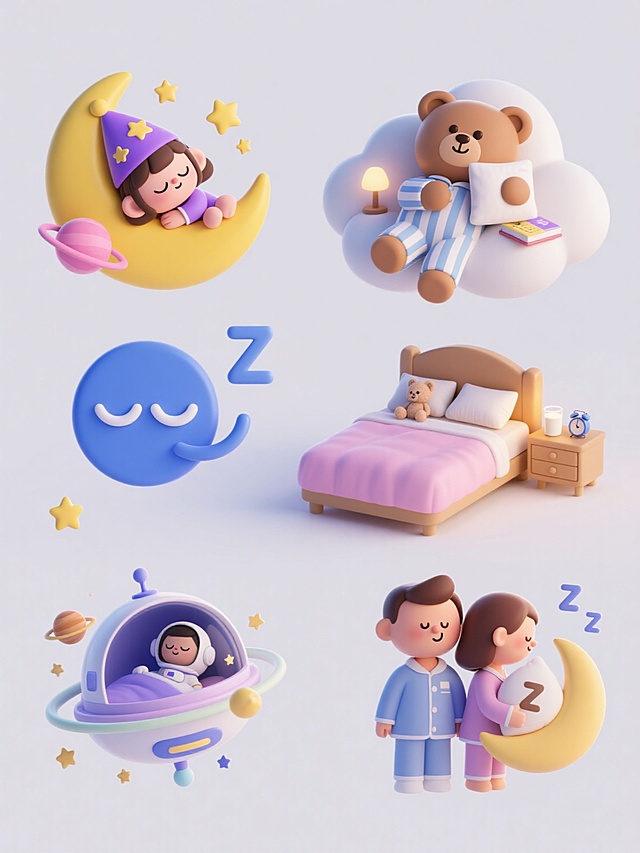 一套6个完全不同元素内容的睡眠主题3D卡通风格系列素材集合，规整排布于纯白色纯色背景上，整体保持圆润可爱的Q版C4D渲染风格，温暖明亮的色彩搭配，柔和均匀的光影效果，细腻光滑的材质表现，每个元素都有俏皮的小细节和精致的高光处理。元素1：一个戴着紫色星星睡帽的小女孩蜷缩在黄色弯月上熟睡，周围环绕着粉色星球和黄色星星；元素2：一只穿着条纹睡衣的卡通小熊抱着枕头躺在云朵形状的床上，床头有小夜灯和故事书；元素3：一个蓝色的睡眠图标，由闭着的眼睛和弯曲的睡眠曲线组成，周围点缀着小星星和Z符号；元素4：一张铺着柔软粉色床单的双人床，床上有两个枕头和一个毛绒玩具，床头柜上有一杯温牛奶和一个闹钟；元素5：一个漂浮的睡眠舱，里面有一个宇航员穿着睡衣在零重力环境下安睡，舱外有星星和行星；元素6：一对穿着睡衣的卡通情侣背靠背躺在床上，男士打着小呼噜冒出Z字，女士抱着一个月亮形状的抱枕。所有元素大小统一，排布整齐，形成和谐统一的系列感。