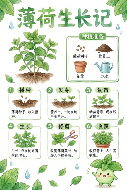 参考参考图的水彩手绘风格，制作一张主题为'薄荷生长记'的手抄报，尺寸为A4（210*297mm），保留原手抄报的版式结构：顶部大标题，左上角绘制薄荷植物插画，右侧设置种植准备材料区块，下方分步骤展示薄预览效果