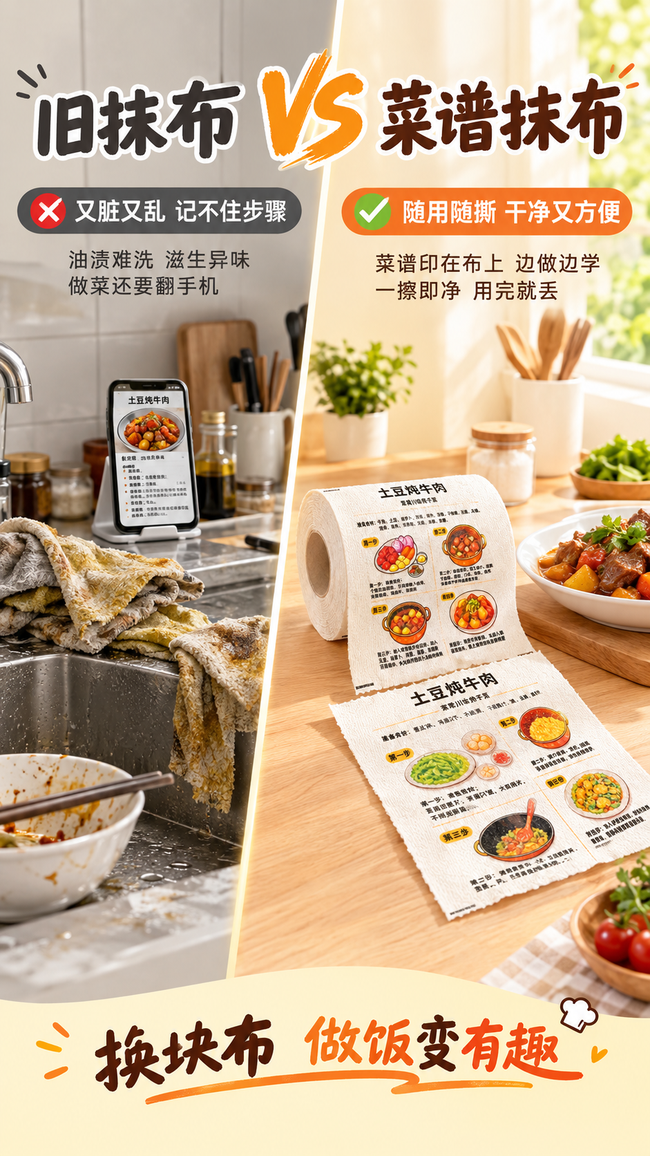 [第2张] 痛点对比页-传统抹布乱与菜谱抹布好。本张使用【图2… - 图片创意预览