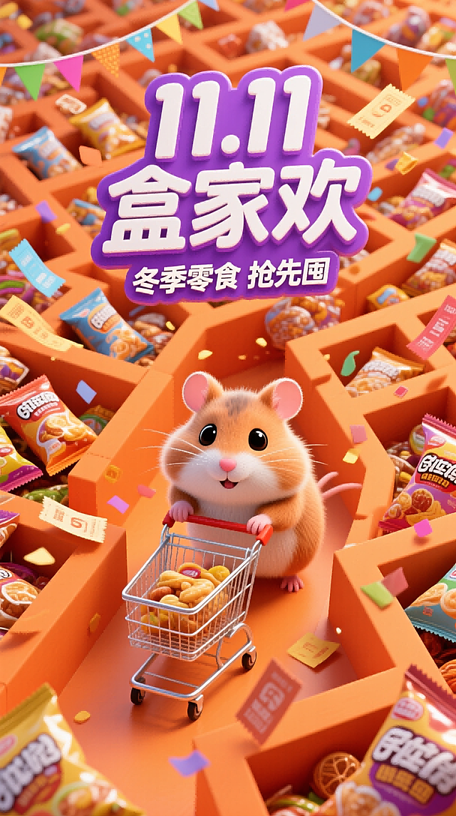 极致明亮的橙色调画面中间一个卡通仓鼠推着购物车，背后带有设计感的巨大的紫色主标"11.11 盒家欢"+副标“冬季零食 抢先囤”，背景在零食袋堆积组成的巨大的迷宫中，零食袋中透着光亮，鸟瞰视角，促销元素飘落下来