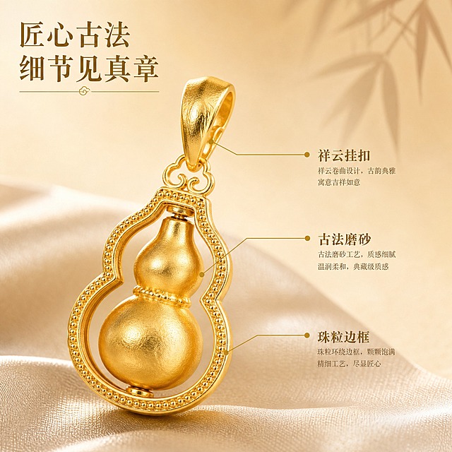 [主图-2] 古法金镂空葫芦吊坠工艺细节图，突出古法金材质质感与镂空可转动结构亮点。
[统一基调] 整体风格为精致国风珠宝大片，背景主色为香槟金渐变到奶油白，搭配浅米色丝绸衬底与隐约竹影纹理；标题字色为哑光深金，辅助字色为暖棕褐色；字体使用纤细优雅的国风宋体，标题加粗醒目，辅助文字缩小50%以上；整体光影柔和，用柔光箱高光勾勒金属轮廓，窄条轮廓光突出葫芦圆润弧度，金属表面呈现细腻古法磨砂质感，无廉价塑料高光。
[画面] 产品占据画面中央偏左，约占画面60%，采用微俯视45度角展示，清晰呈现镂空外框与内部小葫芦的双层结构关系；内部小葫芦略微偏转角度，体现可转动的功能特点；画面右侧用三条纤细的金色引线分别指向三个关键细节：外框边缘的珠粒纹理、内部葫芦的磨砂质感、顶部祥云纹挂扣设计；每个引线端点旁配有简短说明文字；背景延续香槟金渐变，底部有浅米色丝绸褶皱承托，产品与丝绸接触处有自然阴影。
[光影质感] 微距珠宝摄影质感，主光偏侧方打出，强化镂空结构的明暗对比，让外框与内葫芦的层次更加分明；珠粒纹理的每一颗小珠都有独立高光点，体现精细工艺；磨砂表面呈现均匀细腻的反光，无划痕、指纹、灰尘；祥云挂扣的卷曲细节清晰锐利；整体光影干净通透，突出古法工艺的精致感。
[配色] 主色调：香槟金、奶油白、浅米色；点缀色：深金色引线与文字、暖褐色说明文字；引线和文字颜色与整体金调协调，不突兀。
[文字版式] 画面右侧纵向排列三个细节标注，每条标注由金色小圆点引线 + 小号加粗标题 + 更小号说明组成；从上到下依次为：「珠粒边框」「古法磨砂」「祥云挂扣」；标题为深金加粗宋体，说明文字为暖褐色常规宋体，字号为标题的50%；所有文字均在产品右侧负空间，不遮挡产品主体；画面左上角有小型主标题「匠心古法 细节见真章」，字号适中。
[输出要求] 比例1:1，2048x2048像素，2K分辨率；产品结构清晰，细节锐利，文字标注准确；负向：模糊、变形、错字、水印、平台Logo、划痕指纹、灰尘、塑料感、产品悬浮、边缘硬切。
