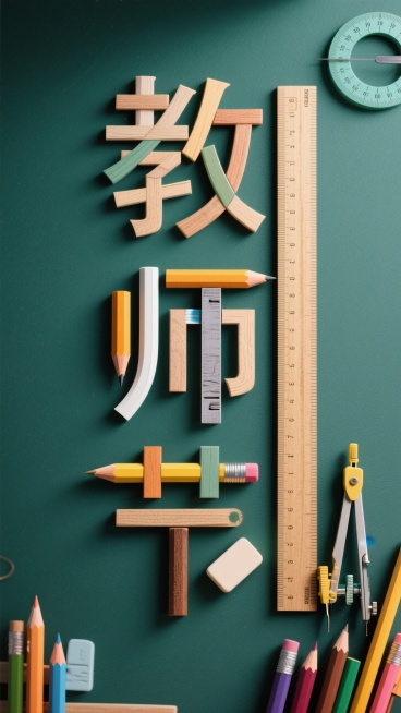 "教师节"文字，三个字的笔画由不同的文具拼接而成，放在一块简单的墨绿色背景上。预览效果
