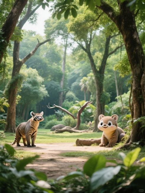 广州长隆野生动物园场景，可爱写实风格，适合作为直播背景，画面中有翠绿的树木，可爱的野生动物，整体氛围轻松活泼预览效果